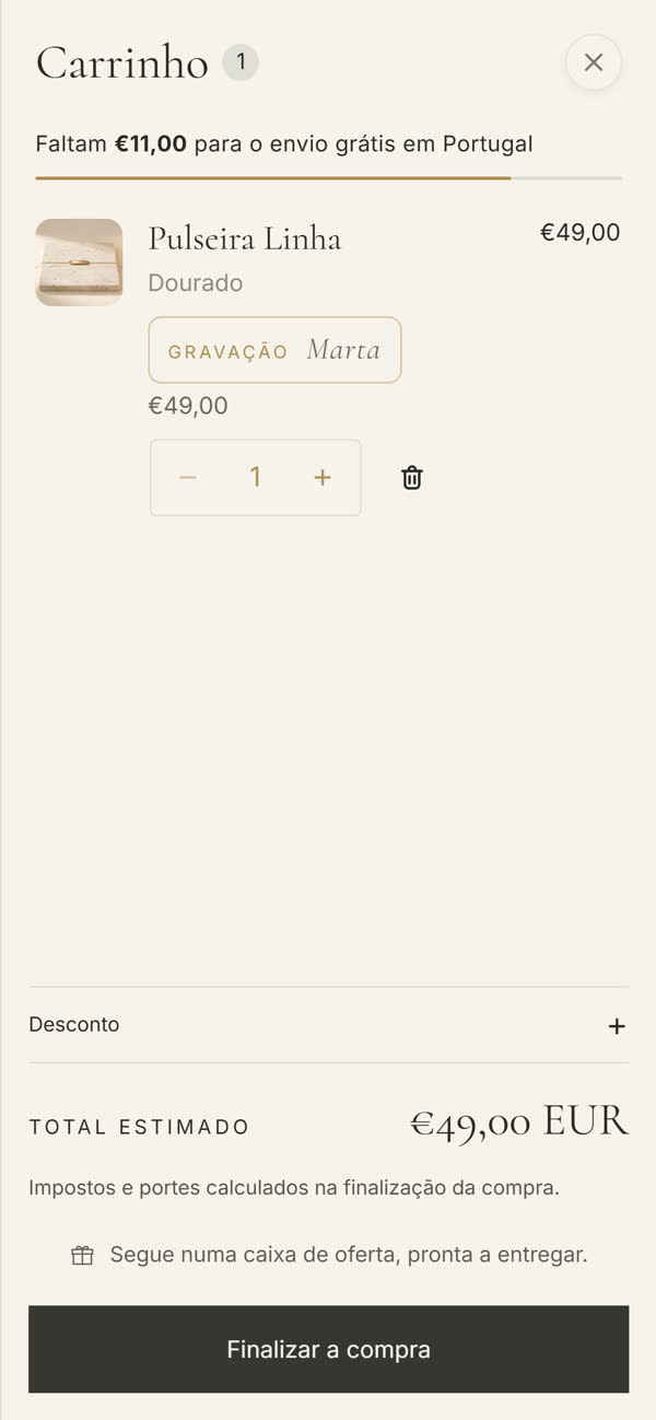 Carrinho da Casa Oriz no telemóvel, com a gravação e a linha do envio grátis